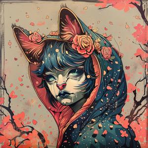 لوحة فنية لفتاة قطة أزهار، صورة خيالية ملونة، رسم توضيحي إبداعي 1051532