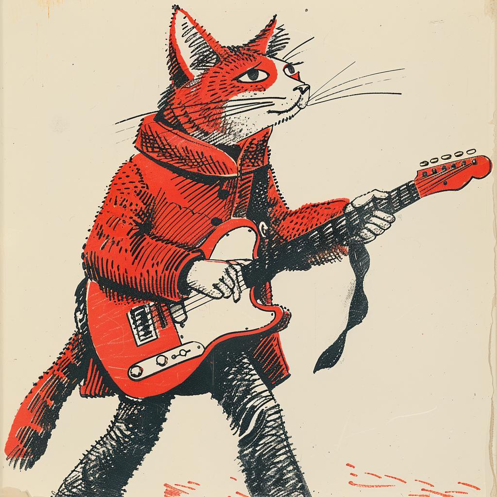 cat  guitar  drawing  anthropomorphic  music  Moebius  playful  stylized  red  coat 922785