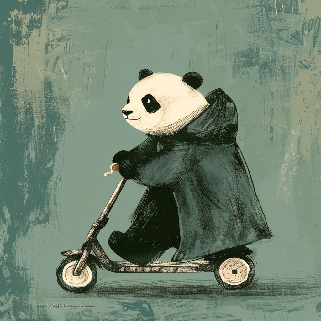 panda  scooter  whimsical  playful  illustration  animal  character  black coat  cute  urban 1021870