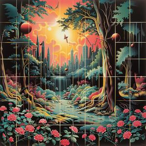 chromolithography  sunset  forest  flowers  trees  nature  landscape  art  scenery  color 1047524