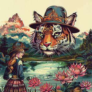 لوحة رسم حجري ملون لفتاة بقبعة نمر، رسم توضيحي للحياة البرية نابض بالحياة وملون، رقم العمل الفني 1048445