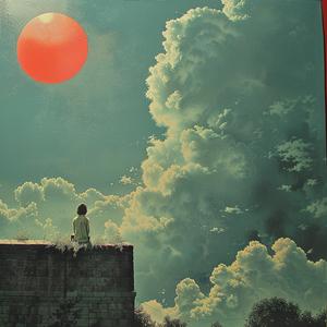 surreal  album  cover  Risograph  Symbolist  man  sitting  wall  red  sun 1079391