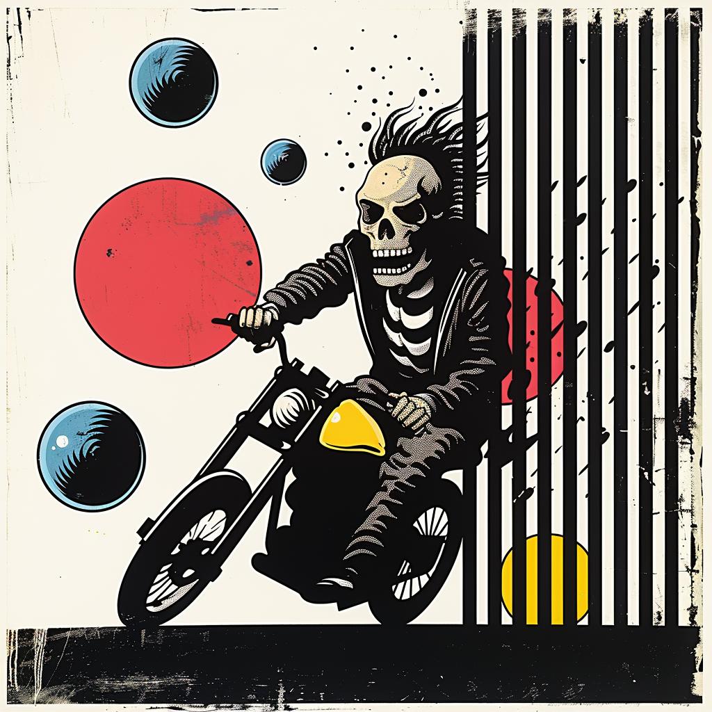 poster  skeleton  motorcycle  dots  swirls  crosshatching  Haring  Mid-Century  abstract  art 916317