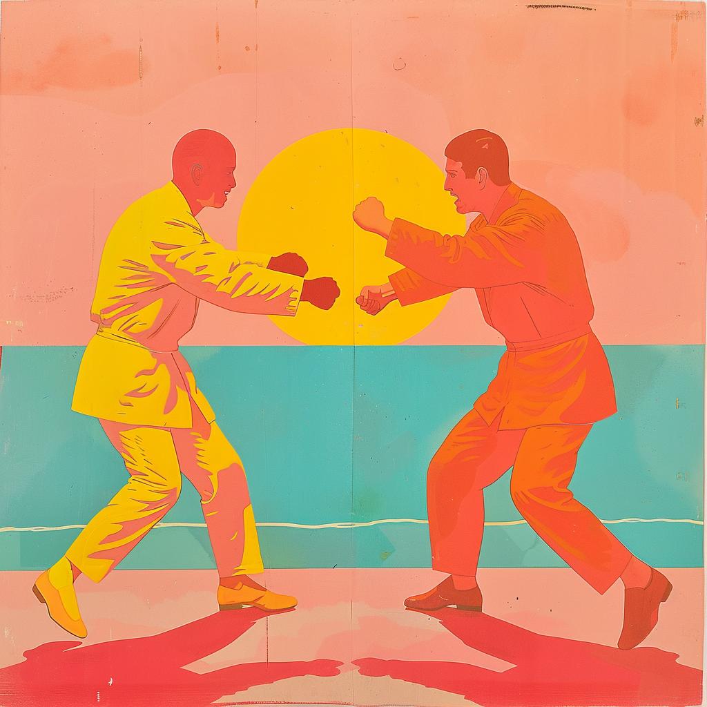 surreal  beach  fight  color  orange  yellow  men  album  cover  creative 978634