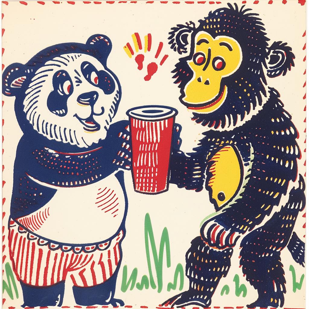 panda  chimp  party  cartoon  drink  humor  playful  colorful  friendship  celebration 962488