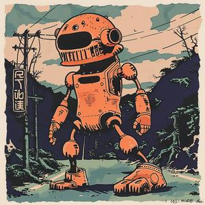 robot  orange  powerline  surreal  album  cover  Risograph  screenprinting  hyper-realistic  Symbolist 1079810