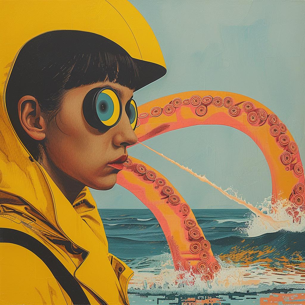 surreal  painting  woman  yellow  goggles  whimsical  artwork  colorful  fantasy  illustration 1018122