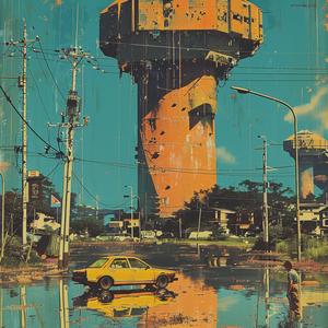 surreal  album  cover  water  tower  yellow  car  Mitsumasa  Anno  screenprinting 1079587