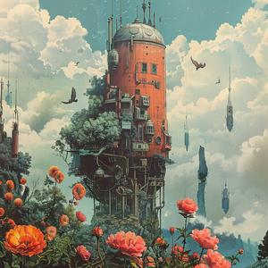 chromolithography  tower  flowers  painting  colorful  nature  art  landscape  vibrant  scenic 1060183