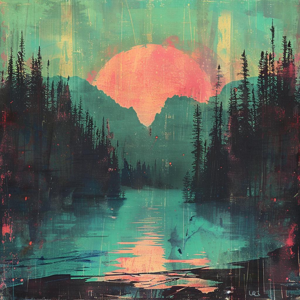 forest  mountains  lake  sunset  monoprint  saturated  pink  teal  surreal  landscape 1027474