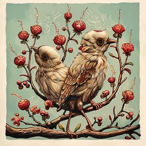 birds  chromolithography  branch  nature  red berries  wildlife  painting  avifauna  colorful  illustration 1057667