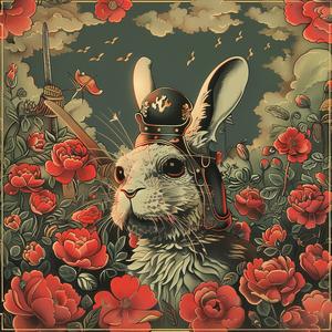rabbit  helmet  field  red  flowers  nature  whimsical  surreal  artwork  playful 1056043