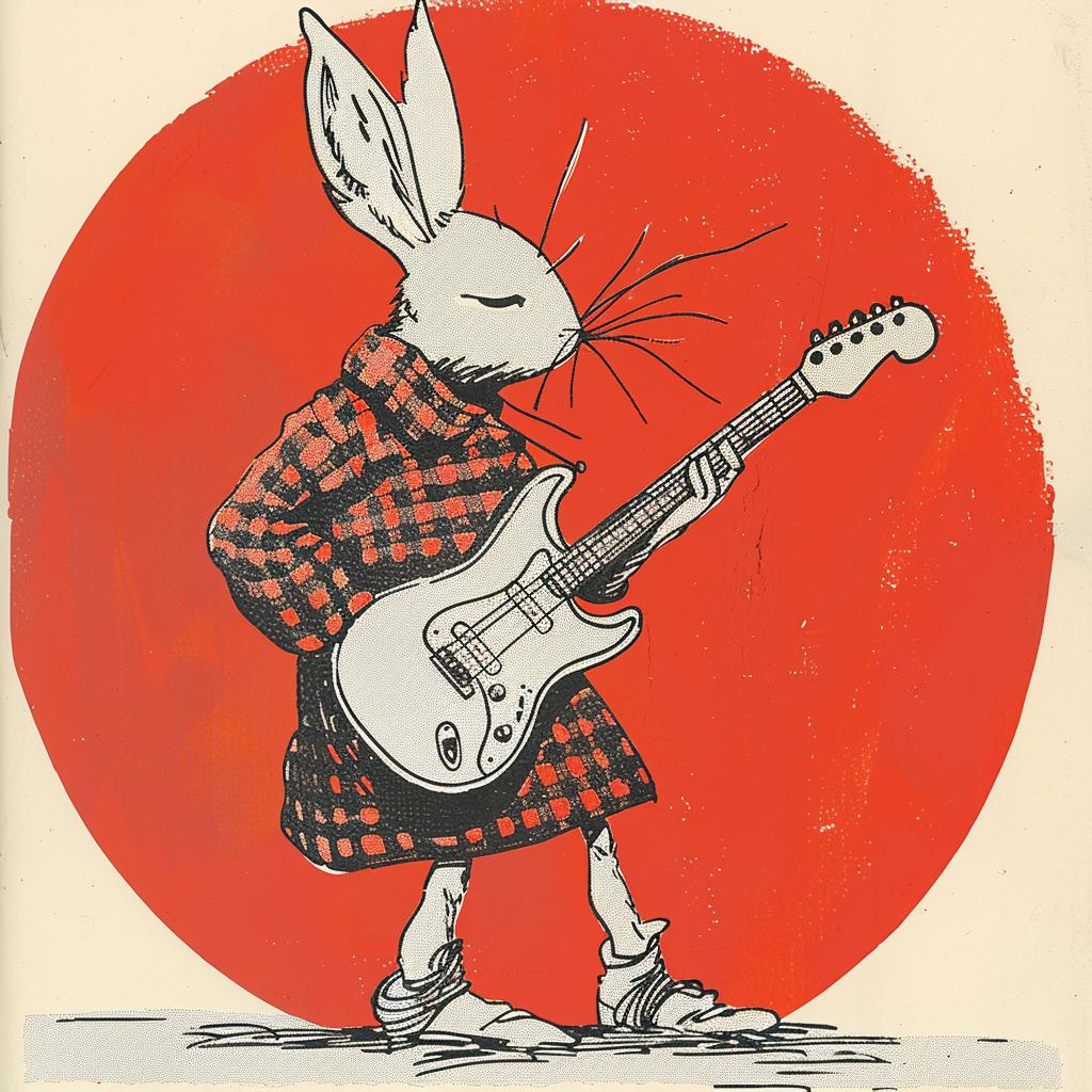 rabbit  guitar  cartoon  anthropomorphic  Moebius  Bachalo  music  plaid  playful  electric 922778
