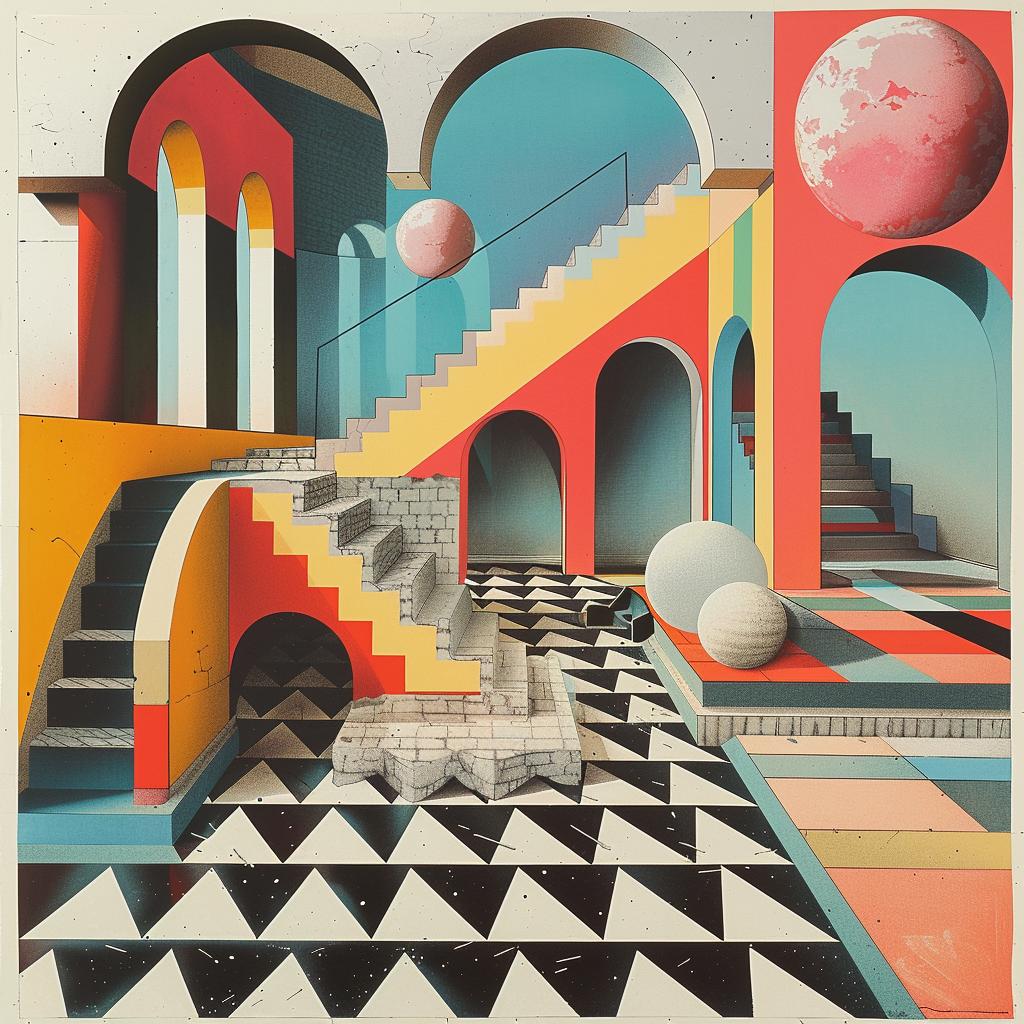 surreal  colorful  room  stairs  ball  hyper-realistic  screenprinting  Nathalie  Du  Pasquier 960464