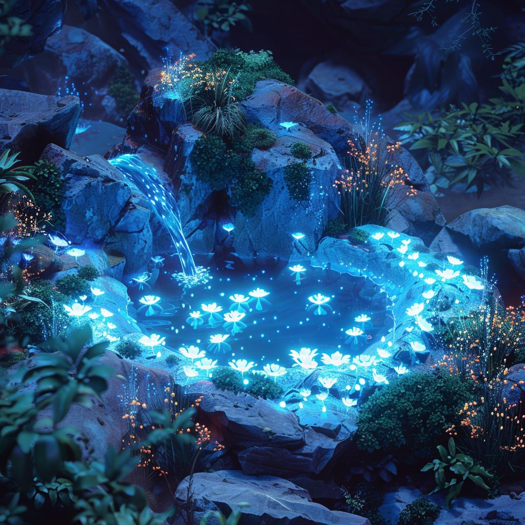 bioluminescent  water  elementals  night  vibrant  minimalism  vector  spring  pool  plants 1016834