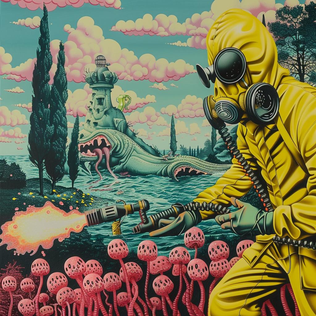 man  hazmat  suit  sea-monster  flamethrower  action  dynamic  dramatic  intense  colorful 944307