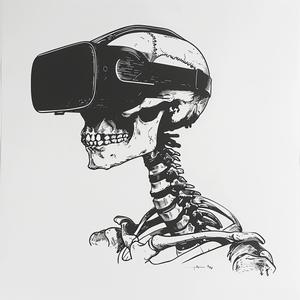 سماعة رأس الواقع الافتراضي بهيكل عظمي أحادي الطباعة، رسم توضيحي رقمي لشخصية باللونين الأسود والأبيض، رقم 1070787