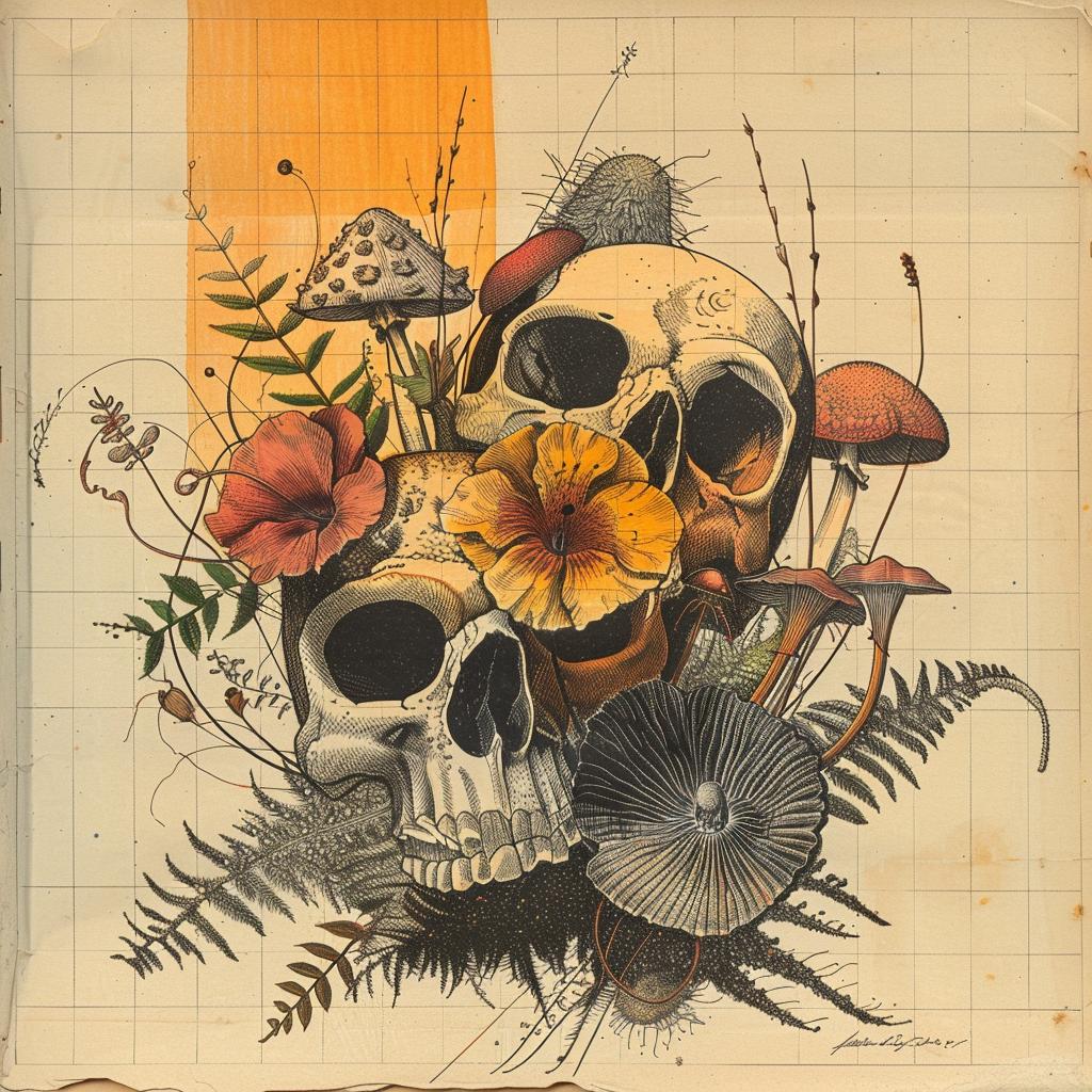 skulls  flowers  drawing  paper  Japanese  art  nature  intertwined  spores  cluster 1036333