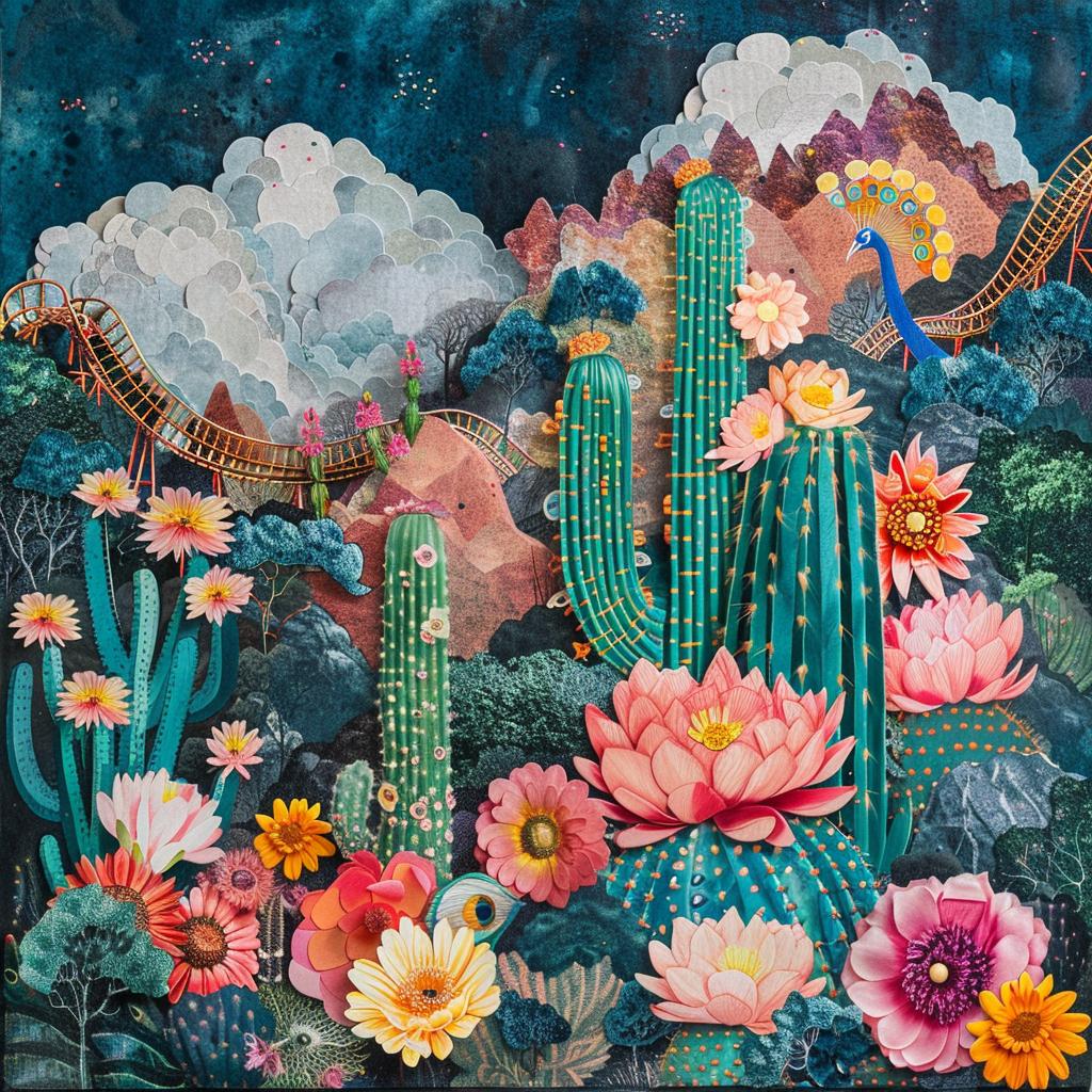 painting  flowers  cactus  peacock  rollercoaster  art  nature  colorful  desert  blooming 950331