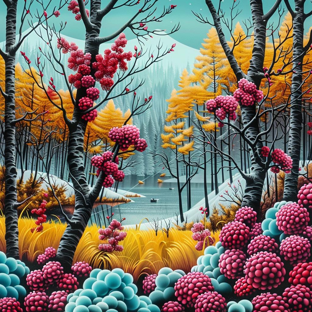 forest  winter  animated  vibrant  illustration  berries  snow  landscape  colorful  nature 945179