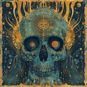 skull  surrounded  gold  blue  ArtNouveau  Surrealism  dark  occult  pointillism  teal 1077002