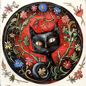 cat  flowers  ornate  chromolithography  painting  black  colorful  nature  feline  artwork 1056244