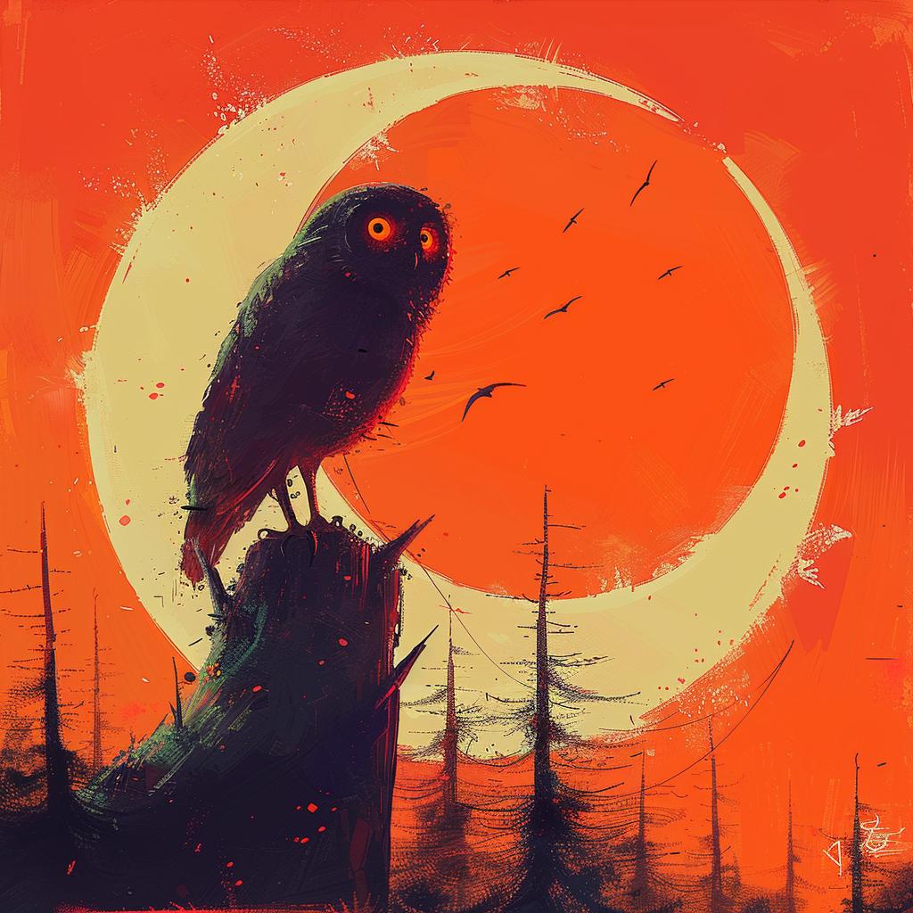 owl  sunset  orange  black  stump  minimal  nature  colorful  art  whimsical 941428