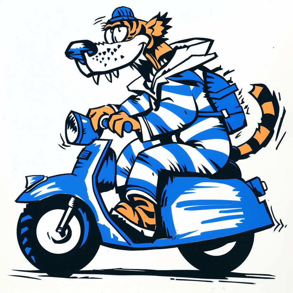 tiger  cartoon  scooter  funny  playful  illustration  animal  transportation  colorful  scene 1028307