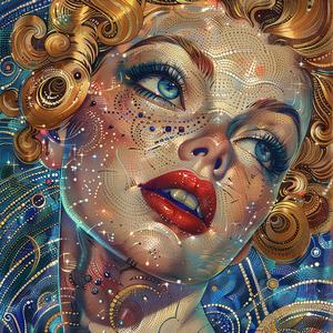 barbie  creature  portrait  vintage  comic  art  surrealism  pointillism  gold  background 1076803