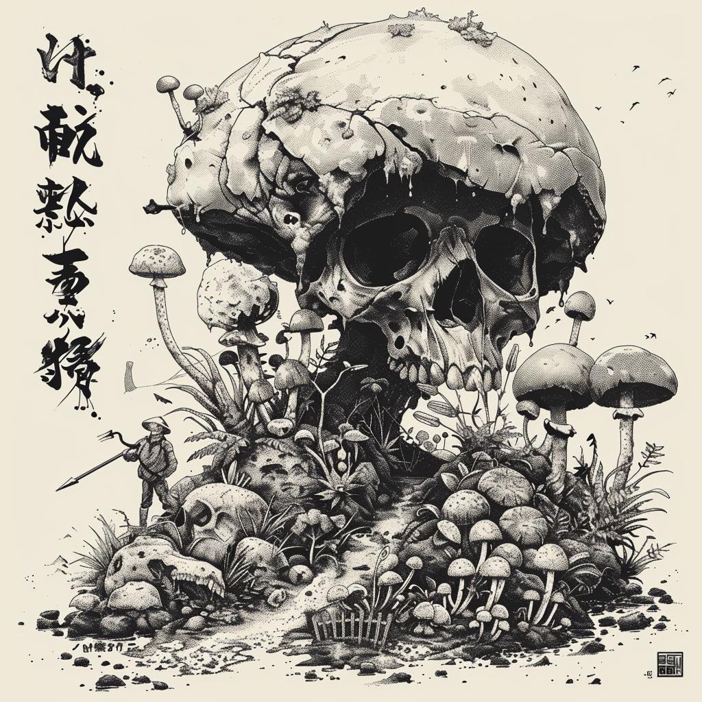 mushrooms  skull  black  white  drawing  villagers  Japanese  silhouette  nature  spores 1036321