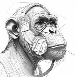 رسم بسيط لشمبانزي، قناع غاز، متجه خطي أسود وأبيض، قوي، SVG 1070734