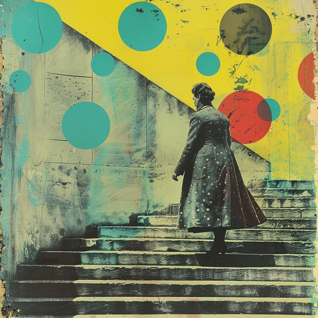 lady  stairs  coat  playful  geometric  dadaist  photomontage  polka  dots  yellow 1019742