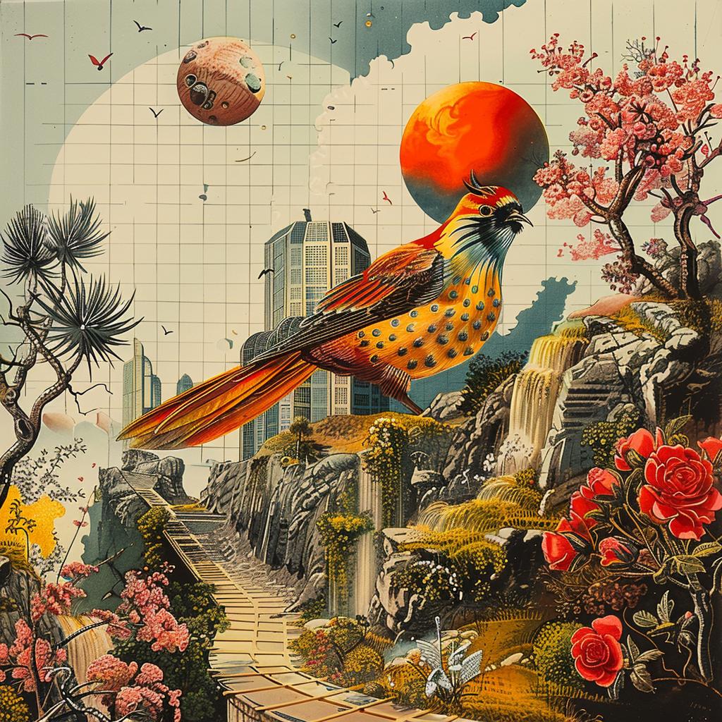 bird  flowers  trees  path  chromolithography  nature  landscape  vibrant  illustration  detailed 1035870