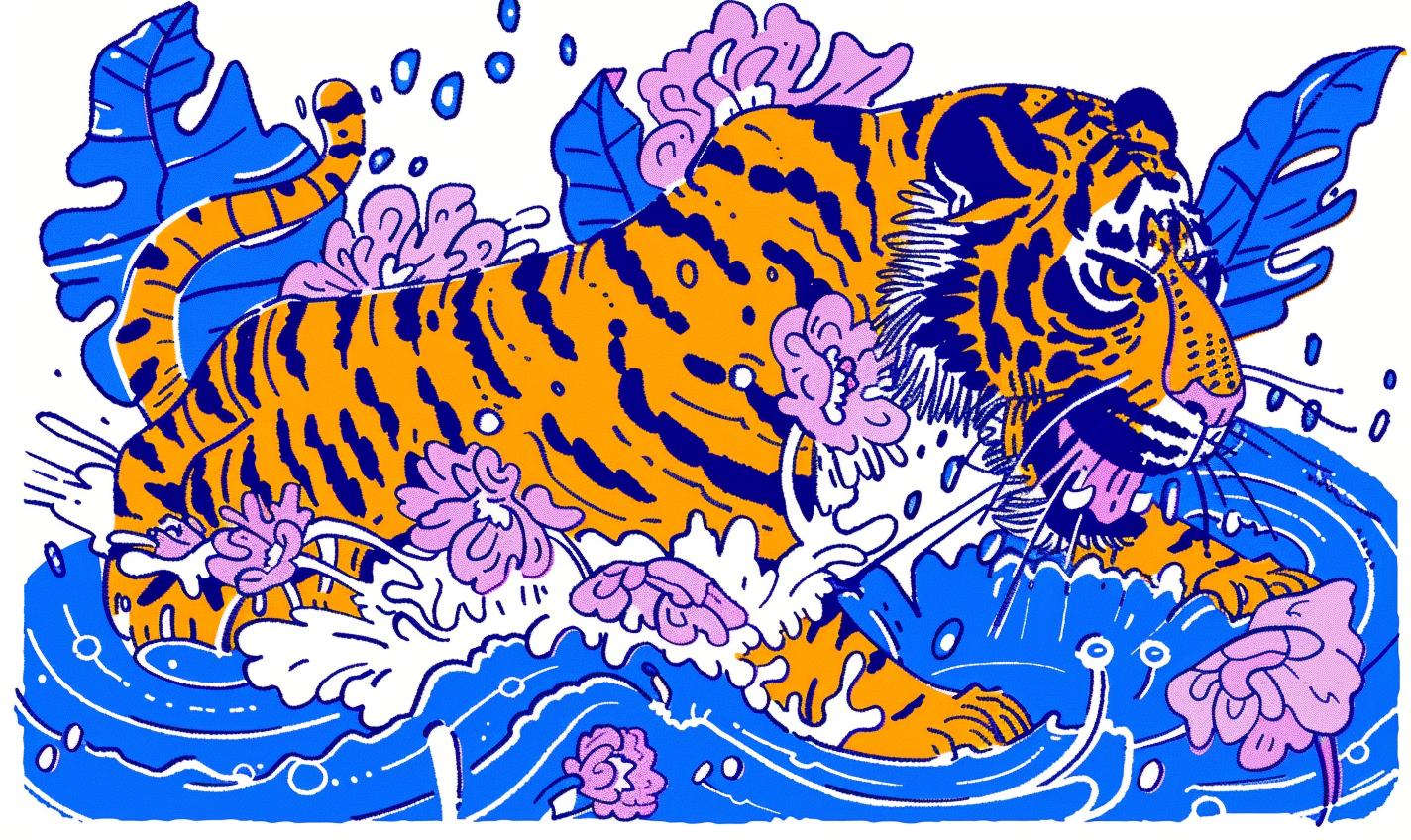 tiger  leaping  water  flowers  nature  animal  vibrant  dynamic  realism  colorful 1021922