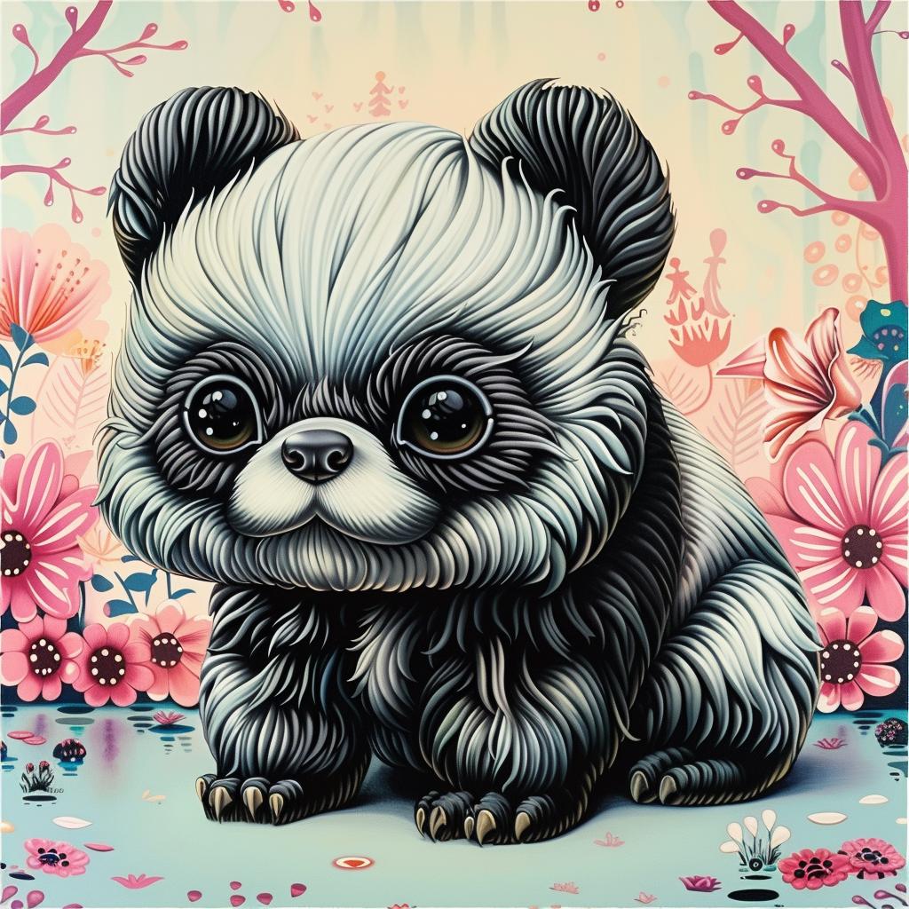 panda  kawaii  painting  field  flowers  oversized  cute  nature  animal  art 1033697