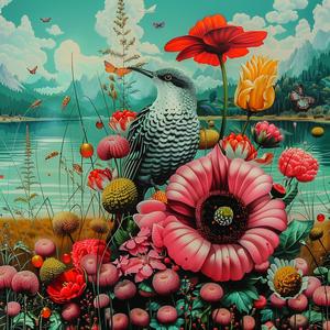 bird  flowers  lake  chromolithography  nature  painting  colorful  water  flora  wildlife 1037841