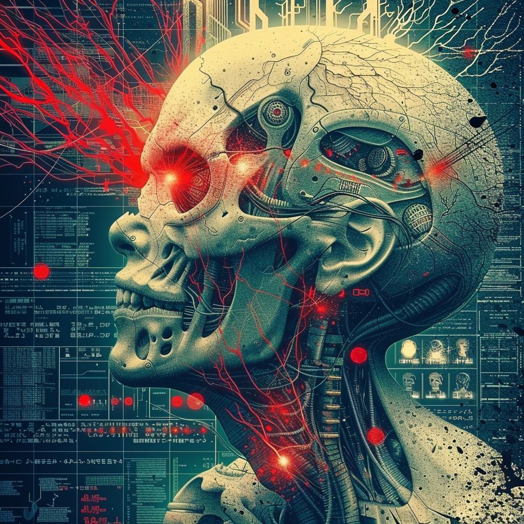 رسم توضيحي لهيكل عظمي بشري، روبوت سايبورغ، وجه جمجمة، فن رقمي، خلفية تجريدية، أبيض 943878