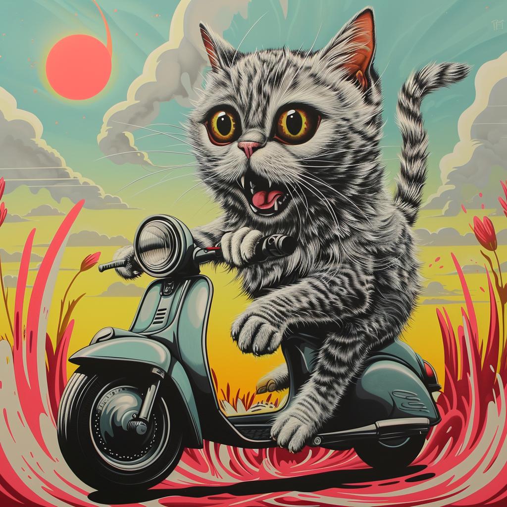 cat  moped  motorcycle  whimsical  colorful  illustration  humorous  cartoon  fun  artwork 1028538