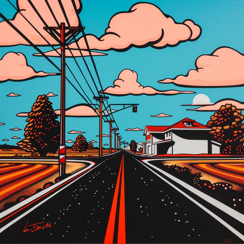 road  powerlines  house  landscape  painting  blue  nature  path  horizon  scenery 1022283