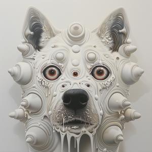 Dada  surreal  dog  creature  four-eyes  dripping  eye-makeup  airbrush  Emek  white-background 1072984