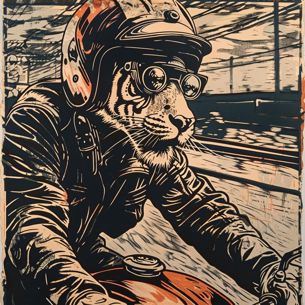 tiger  helmet  motorcycle  anthropomorphic  poster  stylized  animal  vehicle  goggles  art 1025873