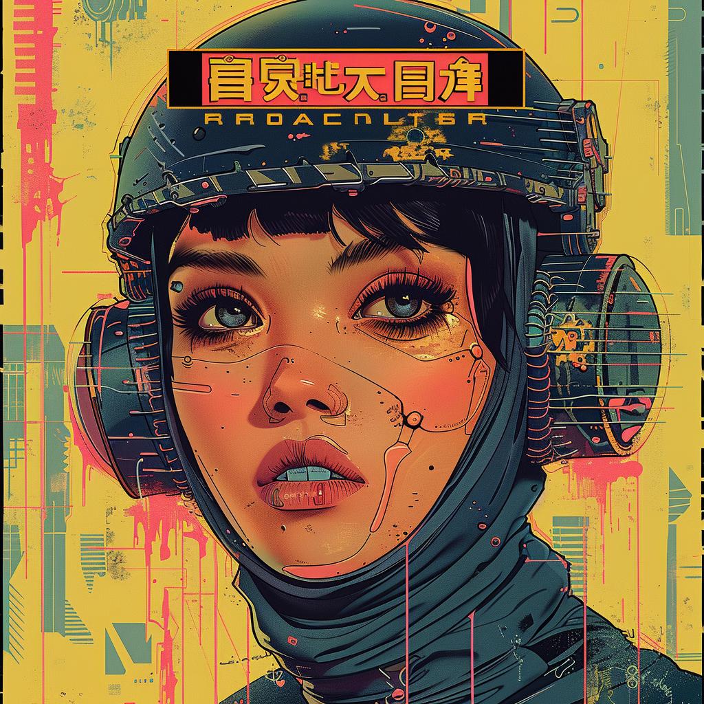 ملصق حفل موسيقي، أنمي سايبربانك، تصميم خوذة امرأة بأسلوب فني مستقبلي، رقم 966991