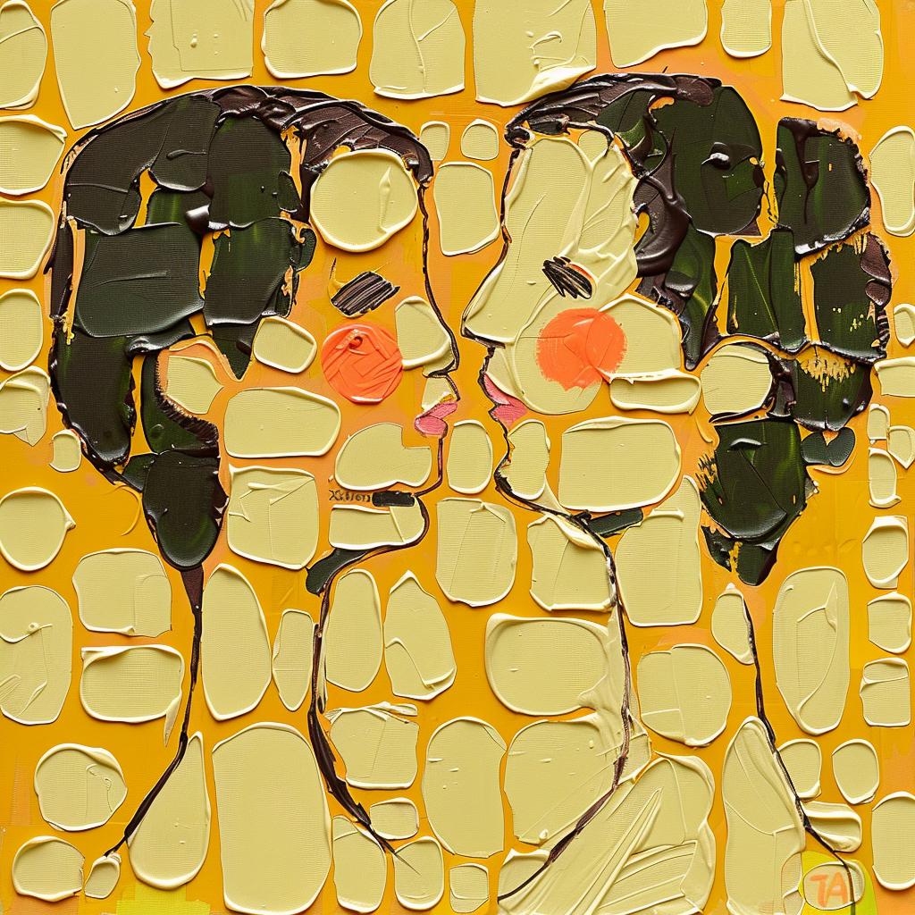 encaustic  impasto  kissing  couple  yellow  palette-knife  modern  artistic  emotive  colorful 951146