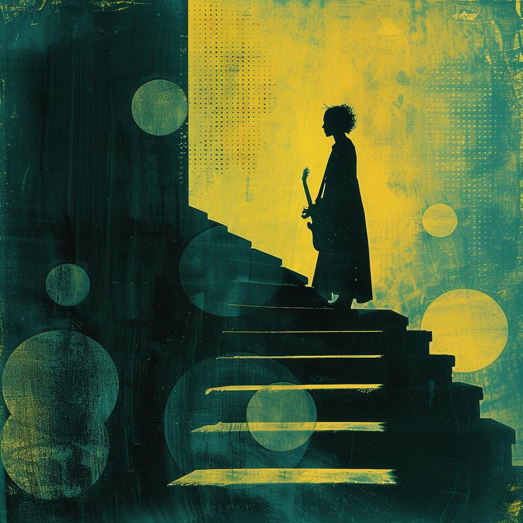 guitarist  staircase  circles  dark  teal  yellow  photography  Viennese  secession  poster 1019712