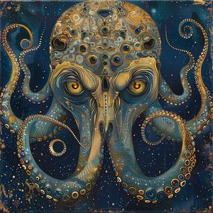 Art Nouveau  Surrealism  pointillism  octopus  dark  occult  gold  indigo  large  eyes 1077140