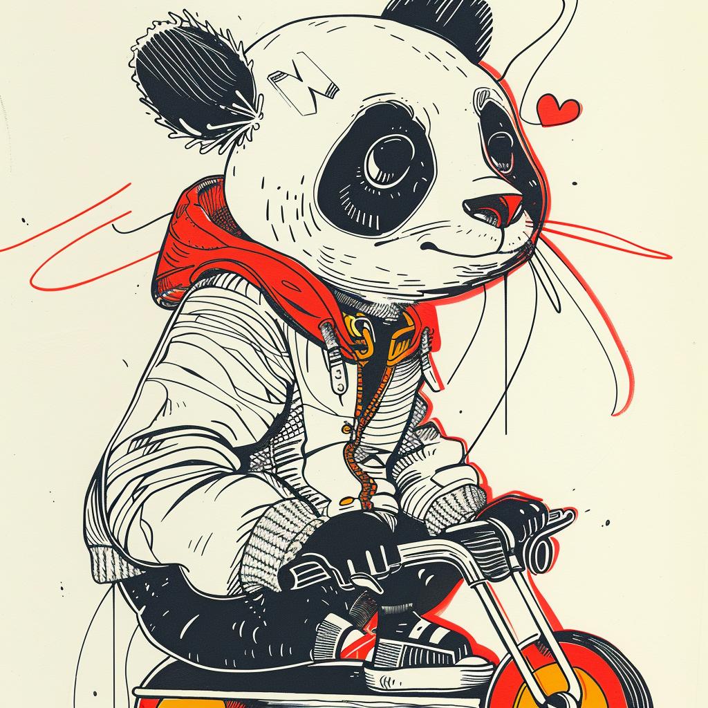 panda  bike  drawing  cartoon  fun  quirky  animal  transport  playful  illustration 938739