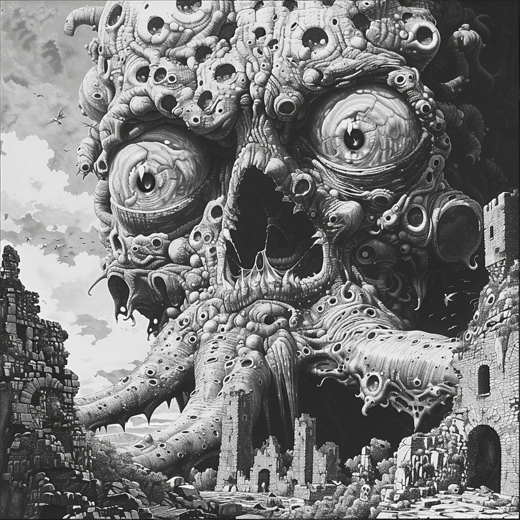 surreal  album  cover  monster  tentacles  deathmetal  screenprinting  hyper-realistic  Virgil Finlay  black and white 961687