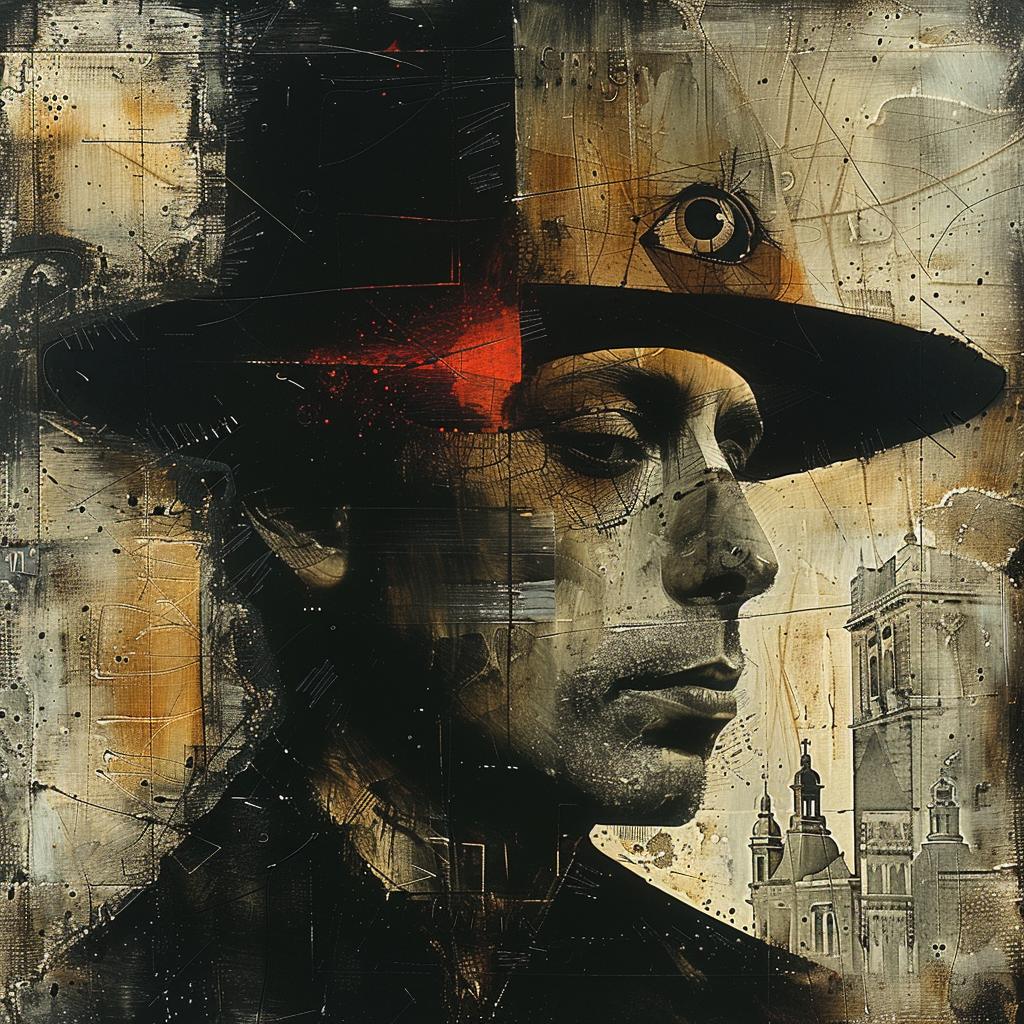 painting  man  hat  clock  tower  background  expression  vintage  urban  setting 1035188
