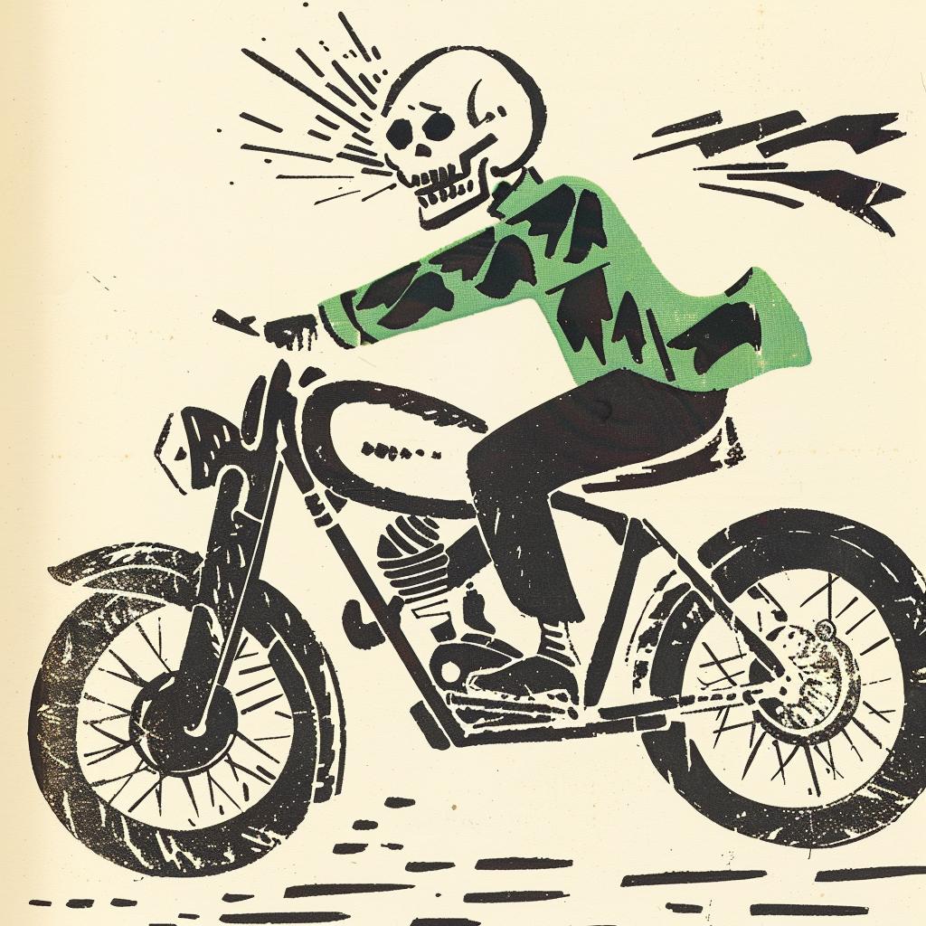 skeleton  moped  drawing  motorcycle  skullface  transportation  black  white  humor  art 940978