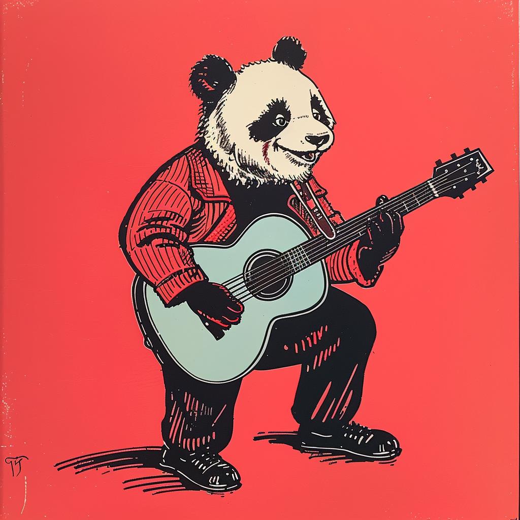 panda  guitar  red  background  humorous  art  norman  rockwell  illustration  playful 921960